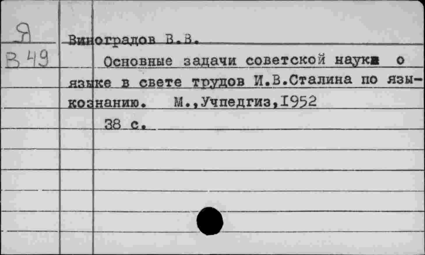 ﻿	Вт	1 ОТрядпп В «В-	_
в из		Основные задачи советской науке о
	язы	ке в свете трудов И.В.Сталина по язы-
	КО?	нанию. М.,Учпедгиз,1952
		38 с.
		
		
		
		
		
		